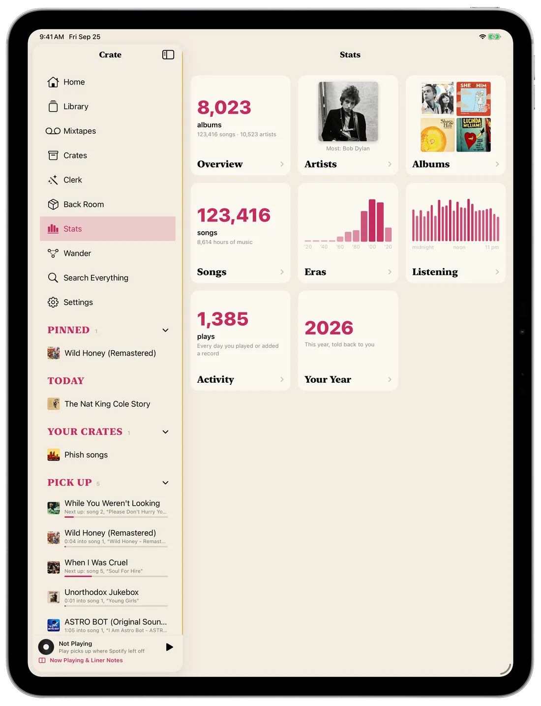 Stats on iPad: albums, artists, songs, eras by decade, listening by hour, activity and your year