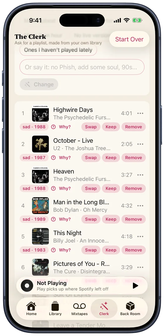 The Clerk's list on iPhone, each song with its mood and year, and Why, Swap, Keep and Remove