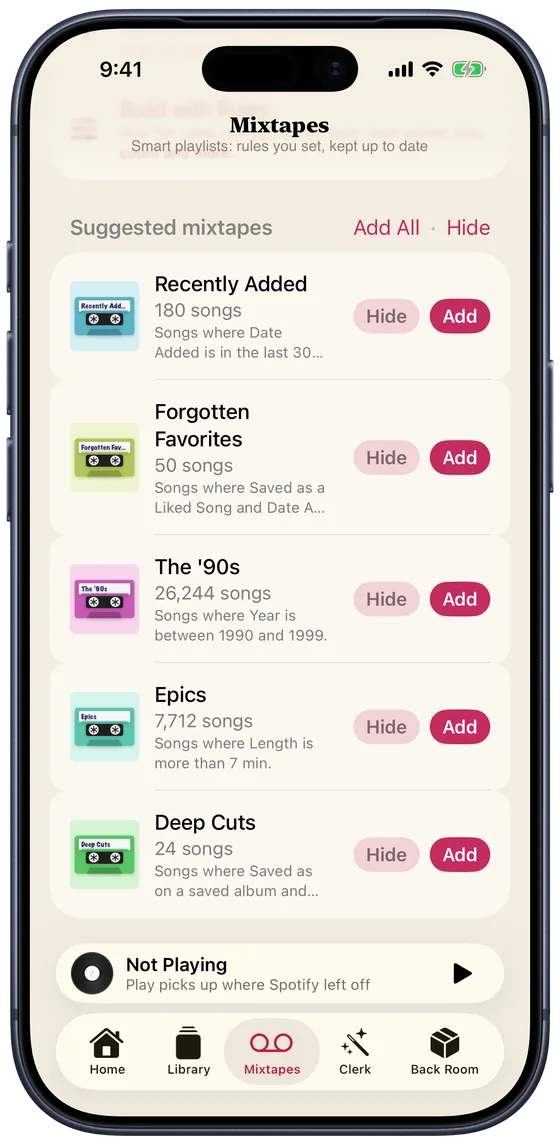 Suggested mixtapes on iPhone: Recently Added, Forgotten Favorites, The '90s, Epics and Deep Cuts